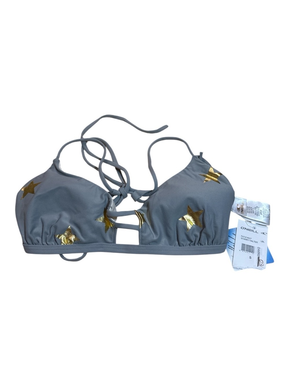 O'Neill Gray Bikini Top with Gold Star Accents Size Small NWT